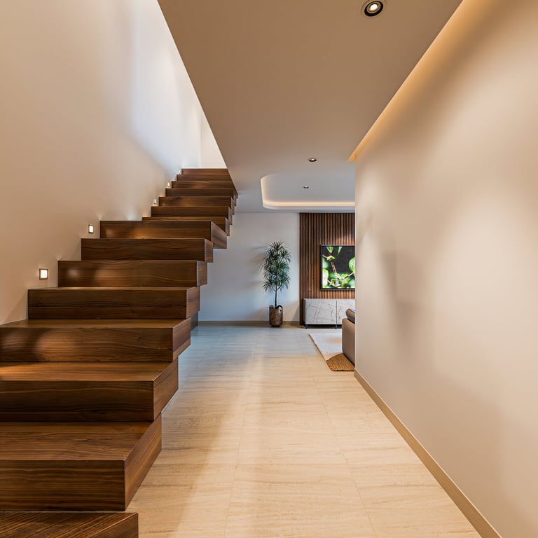 Modern wooden staircase in a bright hallway with warm lighting and minimalist decor