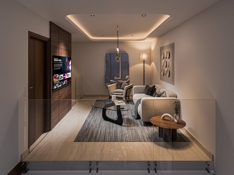 Modern bedroom interior with light wood flooring, striped area rug, contemporary furniture, and warm ambient lighting from ceiling and bedside lamps