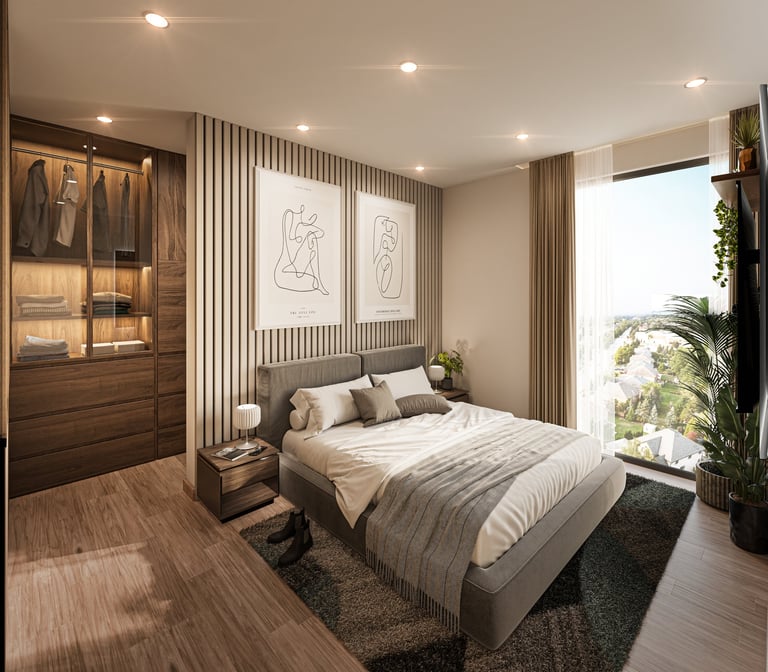Modern bedroom with wood wardrobe, striped accent wall, bed with grey bedding, artwork, and floor-to-ceiling windows overlooking greenery