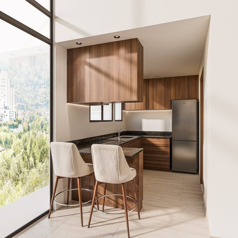 Modern kitchen with wooden cabinetry, stainless steel appliances, bar seating, and floor-to-ceiling windows overlooking a forest landscape