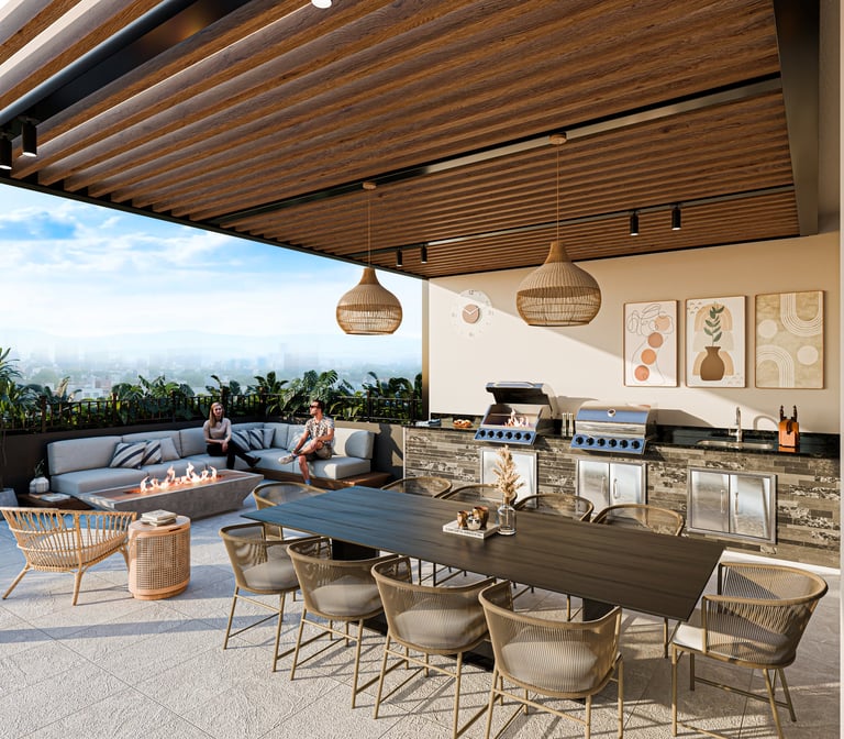 Modern outdoor patio with wooden pergola, dining table, lounge seating, built-in grill kitchen, and mountain view