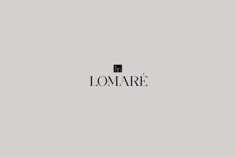 Lomare logo with a small black square icon above the text on a light beige background