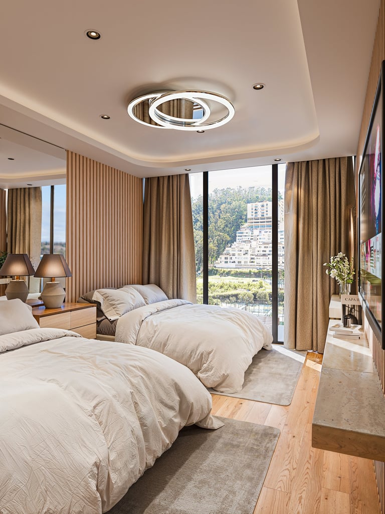 Modern luxury bedroom with two beds, floor-to-ceiling windows overlooking city, beige bedding, taupe curtains, and contemporary ceiling lighting