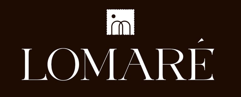 Lomare brand logo with elegant serif lettering and minimalist arch symbol on dark background