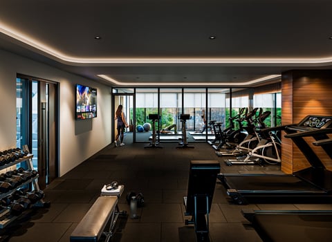 Modern luxury gym interior with cardio equipment, weights, wooden accents, floor-to-ceiling windows overlooking city skyline, and ambient ceiling lighting