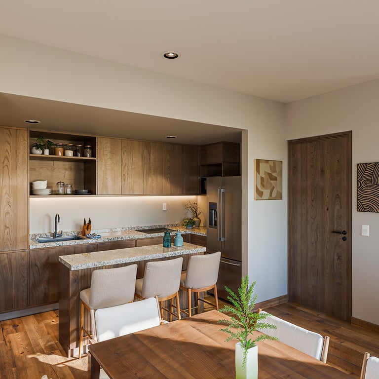 Modern kitchen and dining area with wooden cabinetry, granite countertop, bar seating, and hardwood floors