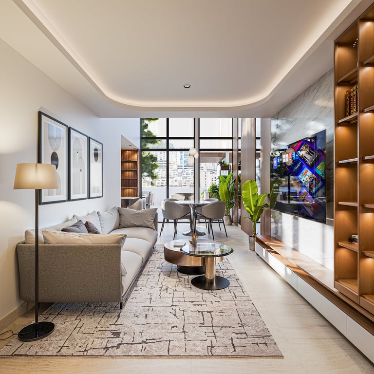Modern living room with beige seating, wall-mounted TV, large windows with city views, warm wood shelving, and decorative plants.