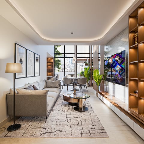 Modern living room with beige sofa, wall-mounted TV, round coffee table, floor lamp, and floor-to-ceiling windows overlooking a city skyline