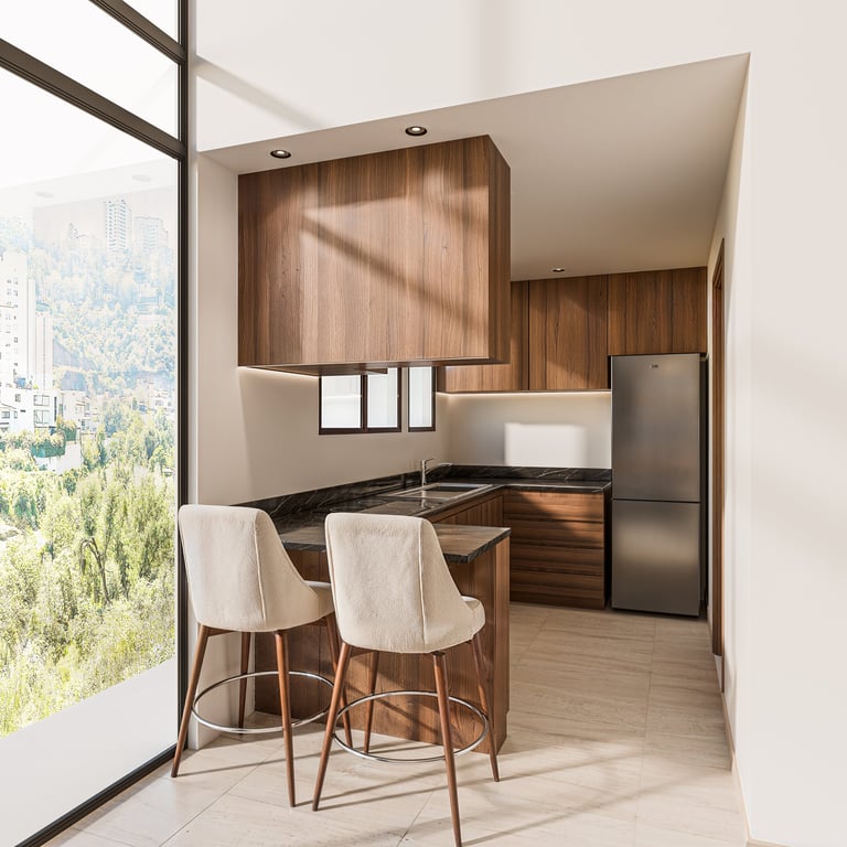 Modern kitchen interior with wooden cabinetry, stainless steel appliances, and beige bar stools at a counter overlooking a city landscape.