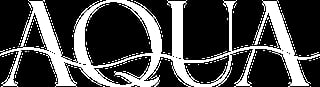 AQUA logo con letras blancas outlined sobre fondo negro y líneas curvas decorativas