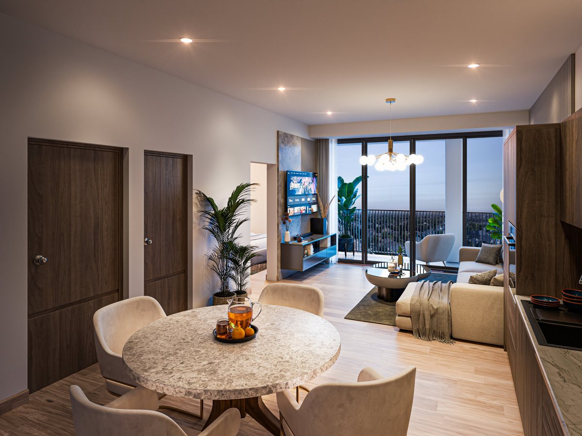 Modern open-concept apartment interior with dining table, seating area, and city view balcony with floor-to-ceiling windows