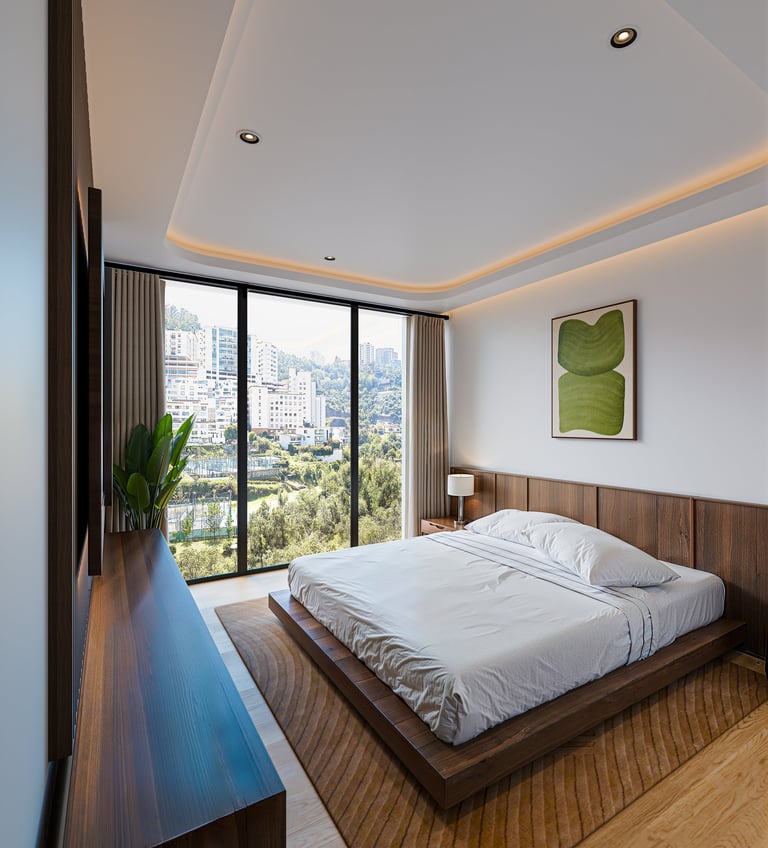 Modern bedroom with wooden bed, white bedding, floor-to-ceiling windows overlooking a city, recessed ceiling lighting, and minimalist decor