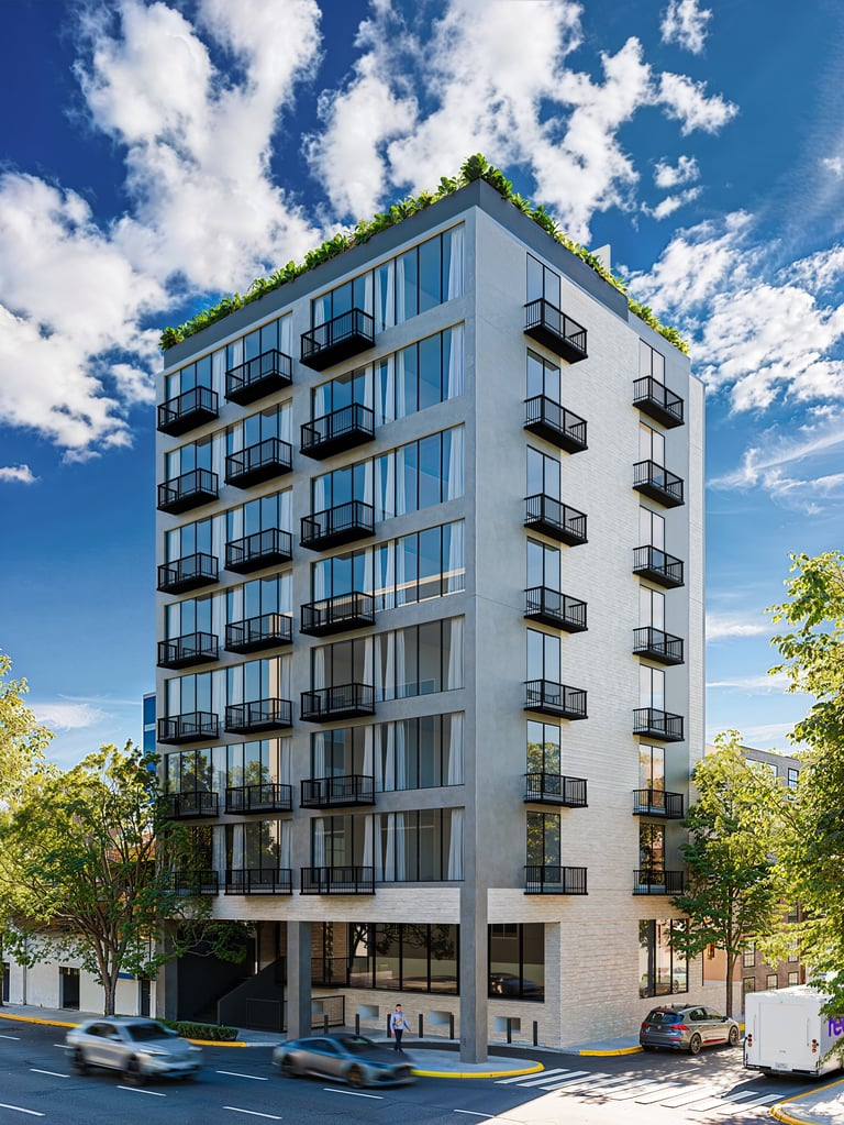 Modern seven-story apartment building with white facade, black balconies, green roof terrace, and street-level commercial space