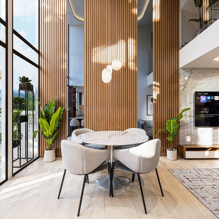 Modern dining room with round table, cream chairs, wooden slat wall, pendant lights, and potted plants