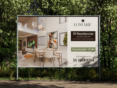 Real estate billboard for Lomaré development advertising 10 modern residences with interior design showcase and contact information
