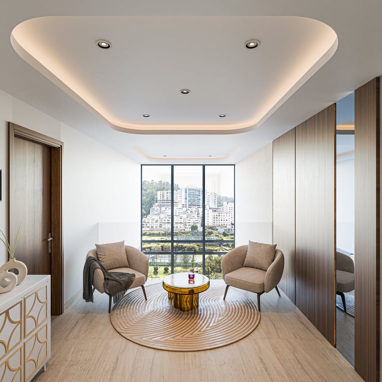Modern living room with two beige chairs, circular wood table, city view window, geometric ceiling with recessed lighting