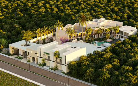 Aerial view of a modern white luxury home with pool, palm trees, and surrounding green landscaping