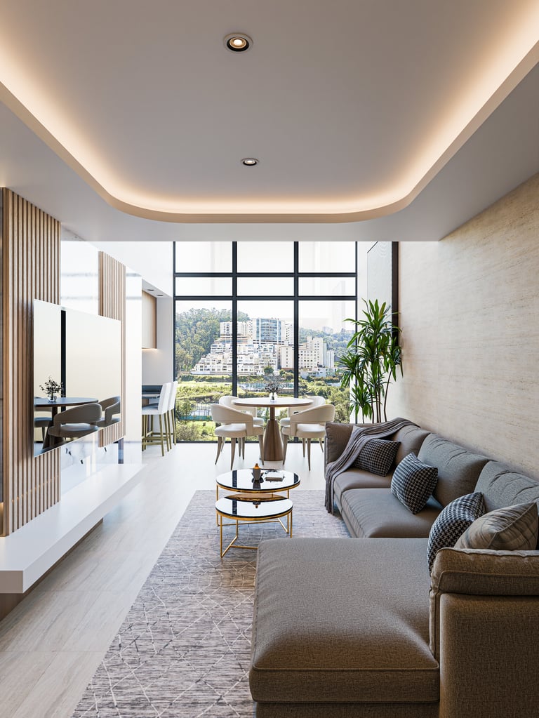 Modern living room with gray sofa, white media console, floor-to-ceiling windows overlooking cityscape, and minimalist interior design