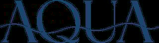 AQUA logo in blue text with decorative wave design elements